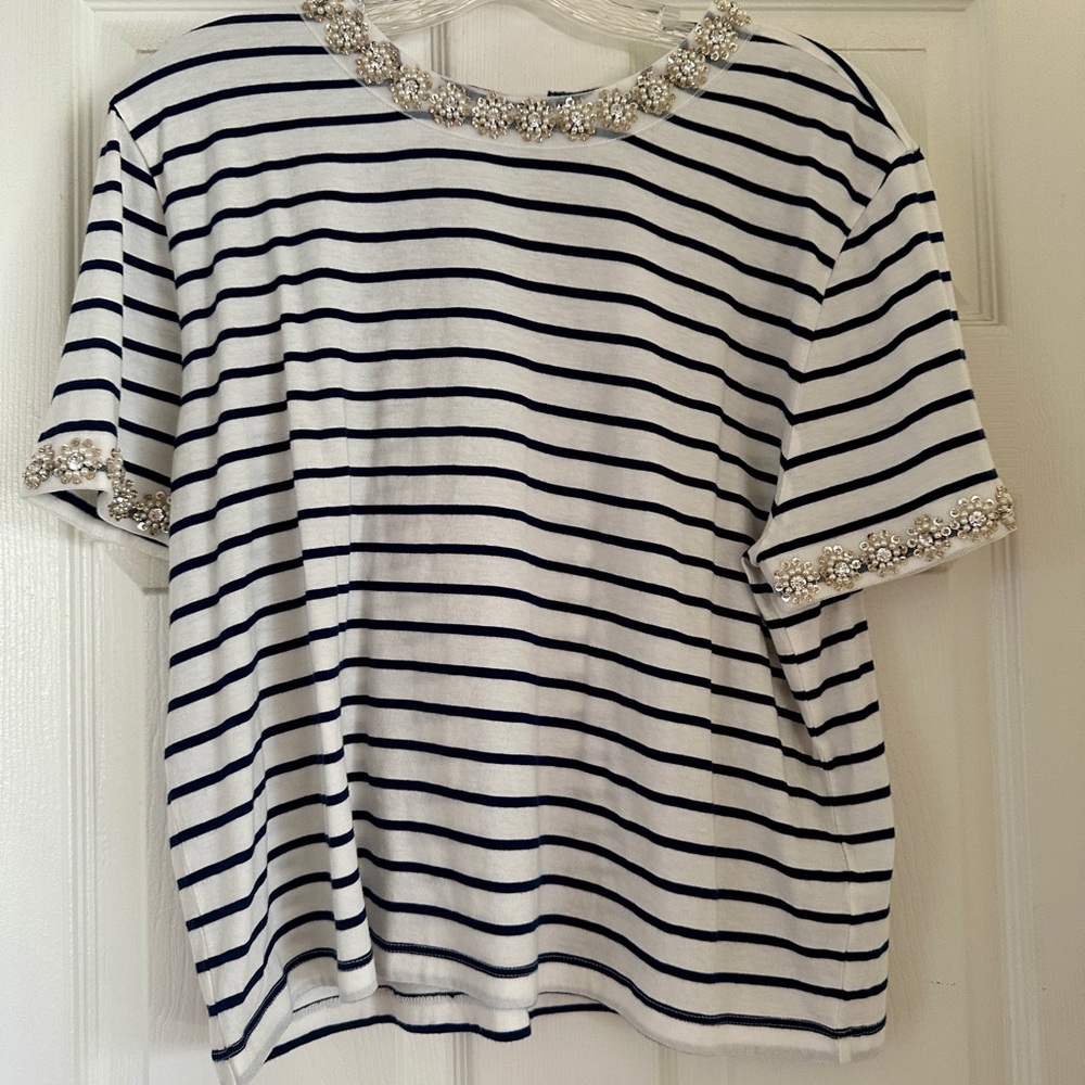 J.Crew Striped and Beaded white/blue Tee - size M